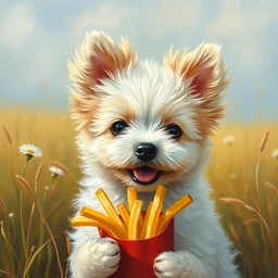 oil painting, littlest pet shop cute bichon frise puppy smiling in field with french fries, close up, noel coypel, emile eisman - semenowsky, edouard bisson