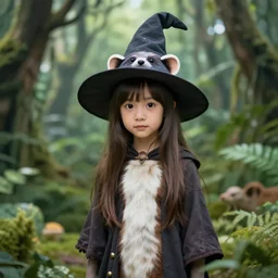 portrait of cute wizard girl, in the jungle, ferret motif clothes