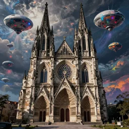gothic deserted cathedral with dream bot mothership psychedelia. monet, matisse, wayne barlowe, agnes pelton, rene magritte