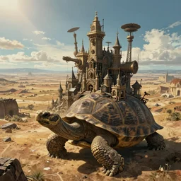 large fantasy city on top of a giant tortoise similar to howls moving castle, located in a harsh wasteland with harsh sunlight, distant - mid - shot, mortal engine, fantasy, hyper detailed, realistic