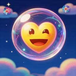 closeup shot of heart emoji bubble floating in the sky, a dark blue background and colorful clouds with stars by takashi murakami, beeple and james jean, aya takano color style, trippy, outlined by whirling illuminated neon lines and fine lines swirling in circles by jesper ejsing and rhads and makoto and shinkai