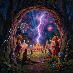 closeup of a night carnival around a magical in a summer storm, tree cavity with a music scenario with many fireworks and christmas lights,, volumetric lightning, instense colored god rays in the sky, folklore people disguised with fantastic creatures in a magical forest by summer night, masterpiece painted by david goldblatt, scene by dark night environment, refraction lights,