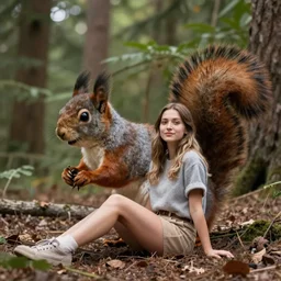 girl sitting on the forest floor next to a giant squirrel 4K photo