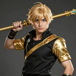 An epic fantasy comic book style portrait painting of a young man wearing a black shirt with a golden diagonal stripe and gold sleeves, black bracelets, wavy blonde hair and blue eyes. He is holding a golden bo staff. Unreal 5, DAZ, hyperrealistic, octane render, cosplay, RPG portrait, dynamic lighting