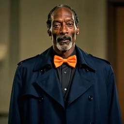 snoop dogg as a rough dirty old man with a scruffy beard in a dark blue trenchcoat wearing an orange bowtie as the new doctor who, cinematic, volumetric lighting, f 8 aperture, cinematic eastman 5 3 8 4 film, photorealistic