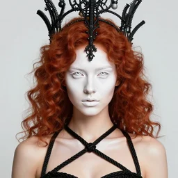 a single fierce looking beautiful young woman with curly red hair and symmetrical white makeup, strapped with black rope, wearing an intricate headdress made from bones and leather, painted by makoto shinkai, intricate linework, unreal engine 5 highly rendered, global illumination, radiant light, detailed and intricate environment