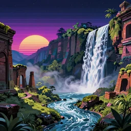 ancient ruins and waterfalls, retrowave art, cyberpunk, trending on art station