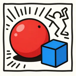 a red ball and blue cube in the style of Keith Haring - n 9 - i
