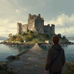 looking up at a ruined castle on a small island only reachable by a small land bridge, cinematic light, concept art, illustration, wayne reynolds
