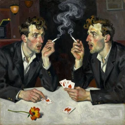 oil painting in the style of john craxton. sailors talking loudly in the shadows of a jazz club. in the style of ivon hitchins. eyes. strong expressions on faces. holding cigarettes. scratch. strong lighting. playing cards. brush. single flower. cheekbones. smokey bar. seated figure hands on table. line drawing.