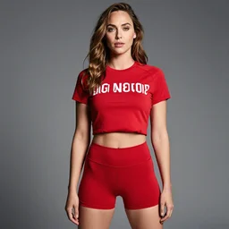 gal gadot wearing crop red gym top with white lettering, cropped red yoga short, advertising editorial by Mario Testino, masterwork