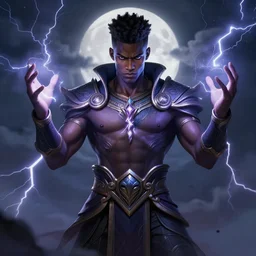 a highly detailed illustration of short fade hair african god of lightning, evil summoning lightning from hands pose, moonlit clouds background, muscular, intricate, elegant, highly detailed, centered, digital painting, artstation, concept art, smooth, sharp focus, league of legends concept art, WLOP