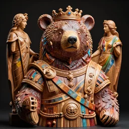 vibrant ultra clear wooden sculpture of beautiful cute bear roman god by sandra chevrier laurie greasley gustave dore ron english alphonse mucha, cybernetics, low contrast, cinematic dramatic lighting, hyper realistic detailed render, hypermaximalist, ornate, epic composition, 4 k 8 k, cryengine octane blender, sharp focus, concept art, masterpiece of art