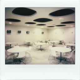 polaroid photograph of a large white empty breakroom, retrofuturist liminal space, hundreds of chairs and tables, crt tv mounted, massive black pits in ceiling, familiar place, clean, black mold, yellow light, amateur, unreal engine, photorealistic, trending on artstation