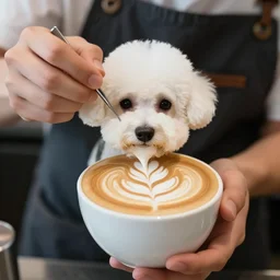 a closeup photorealistic photograph of barista creating bichon frise shaped latte art. professional capture, well lit shot. this 4 k hd image is trending on artstation, featured on behance, well - rendered, extra crisp, features intricate detail, epic composition and the style of unreal engine.