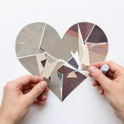 paper made heart is cutted in pieces. hands take little pieces. collage