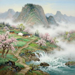 a gorgeous early spring landscape painting by barlowe wayne maxfield parrish and marco mazzoni!! chinese farm. the winding steps. waterfall from the mountain. ultra clear detailed. 3 d, octane render. turbulent blood lake. fog