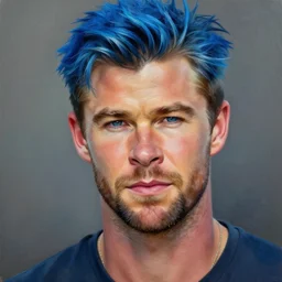 a portrait of blue - haired chris hemsworth vivid!!!! colors, photorealistic painting by mandy jurgens, trending on artstation, photorealism, detailed painting, behance hd, hyper realism