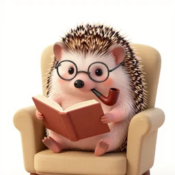 intellectual hedgehog, smart hedgehog, hedgehog with glasses, hedgehog with pipe, sitting in chair, reading a book, cartoon, clean, cute, bright colors, clear lines