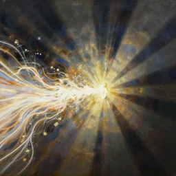 a bright energy stream flowing left to right. it flows through a figure in the center. | painting by craig mullins