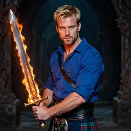 A man with blue eyes, short stubble, blond hair, wearing a blue shirt and a kilt, holding a flaming sword, in the depths of hell