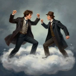the invisible man fighting sherlock holmes and doctor watson inside clouds, painting, digital art.