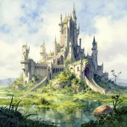 futuristic scifi castle in a lush quagmire. watercolor by award - winning belgian comic artist, depth of field, vibrant colors.