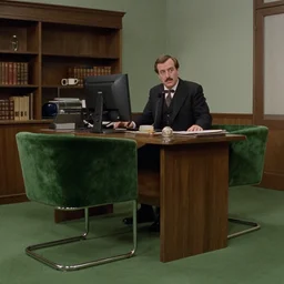 a still of severance series indoor 7 0 s green velvet and wood with metal furniture office scenario appearing in a film of jacques tati, in movie playtime ( 1 9 6 7 ) color