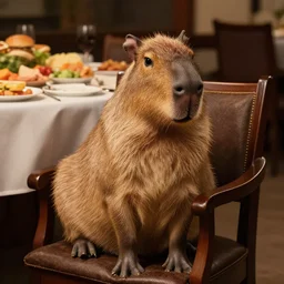 a king capybara sitting on his chair, the tources light the scene, a table filled with food