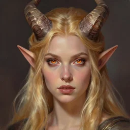A head-on detailed oil fantasy portrait of a pretty elf woman with horns on her forehead, long blonde hair and bright copper irises, by greg rutkowski, trending on artstation, dungeon and dragons art