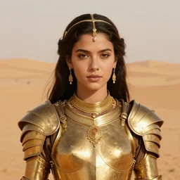 young dejah thoris on mars wearing detailed plate armor made of gold, portrait, extreme close - up, high noon, gold jewelry, elegant small tiara, giant sand dunes to the horizon, fantasy, movie poster from the 3 0's, by sargent, leyendecker
