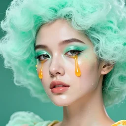 facial portrait of a beautiful woman with translucent gelatin skin and mint smeared makeup, hair made of cotton candy, orange juice tears, mint background, deep focus, intricate, elegant, highly detailed, photo, 9 0 s, artstation, 8 k, sharp focus, subsurface scattering, global illumination, radiant
