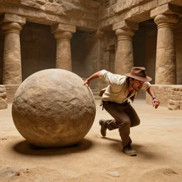 Indiana Jones being chased by a boulder trap, boulder chase, underground sandstone temple background, giant round stone chasing Indiana Jones, raiders of the lost ark, anime key visual