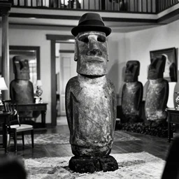 easter island moai as the main character in a black and white noir film wearing a fedora standing in the foyer of a 1 9 4 0 s house, intricate, 1 9 4 0 s film noir, robert siodmak, fritz lang, otto preminger, orson welles, billy wilder