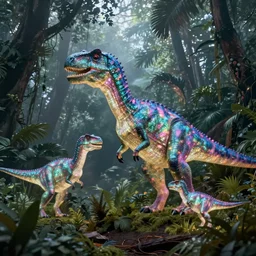 spectral holographic glowing dinosaurs, foggy jungle in the background, by greg rutkowski