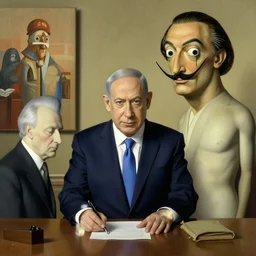 kafkaesque bureaucracy, benjamin netanyahu, abstract art, by salvador dali and rene magritte and artgerm