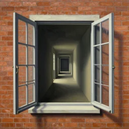an open window to nothingness in brick wall with endless hallway inside, painting by rene magritte, centered, high detail, high resolution
