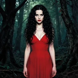 artgerm, joshua middleton comic cover art, full body portrait of pretty alyson hannigan by mario testino, evil dead demon, evil dead movie, red dress, symmetrical eyes, symmetrical face, long curly black hair, trees, forest, branches, cinematic lighting, sony a 7 r