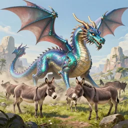 “an iridescent dragon destroying a land of donkeys, epic, detailed”