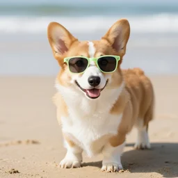 a corgi puppy on the beach wearing neon sunglasses and smiling, dslr photo