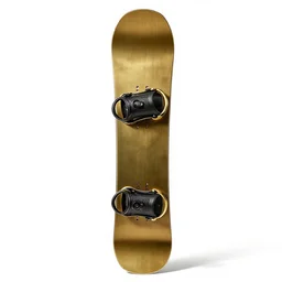 brass snowboard, commercial catalog photo, isolated on a pure white background, centered, entire object in frame, sharp focus, soft studio lighting
