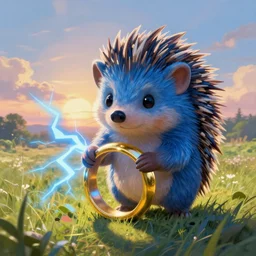 a cute face blue hedgehog holds a large gold ring with blue lightning, beautiful grassland, early morning hours, long shadows, extremely detailed, fantasy painting, by shaun tan!!!!