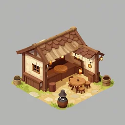 isometric view, outside medieval tavern, asset on grey background