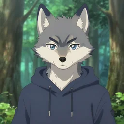 key anime visual portrait of a handsome male anthro wolf furry fursona with beautiful eyes, wearing a hoodie in the forest, official modern animation