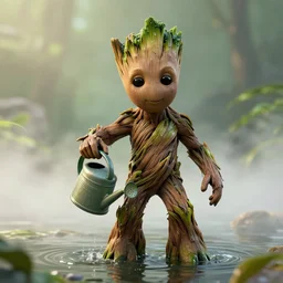photorealistic wide shot of Groot waters himself with a watering can, octane render, unreal engine 4k, volumetric light, fog, detailed