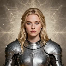 masterpiece head-on symmetrical centered portrait, Elisha Cuthbert as a paladin, wearing metal chest armour, blonde hair, masterpiece fractal background, elegant, distant, Pre raphaelite art style, in the style of Edgar Maxence and Ross Tran and Zdzisław Beksiński and Gustave Doré and H.R. Giger and Mucha, specular highlights, 8k, octane render