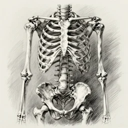 skeleton with an oval - shaped ribcage and jackhammer - shaped pelvis whose ribs loop around to the vertebrae and are wrongly enumerated and distributed drawn very vaguely in pencil with hatching