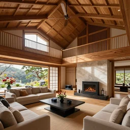 modern Japanese living room, high arched ceiling, luxurious wooden cottage, traditional, Japanese flower arrangements, high-tech devices, traditional fireplace, real estate photography