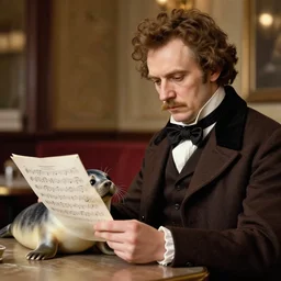 professional fine detailed photo portrait of a man resembling franz schubert sitting at the cafe with a seal pup and reading musical sheet, franz schubert look alike with a seal pup, seal pup, rich colors, professional iphone photo, 4 k photo, instagram, realistic photo, detailed photo, very beautiful photo