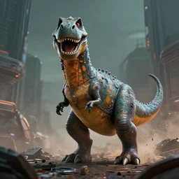 barney the dinosaur, sci - fi, gritty distopian, pixar splash art, wlop, highly detailed, trending on artstation, 4 k, wallpaper - 1 0 2 4